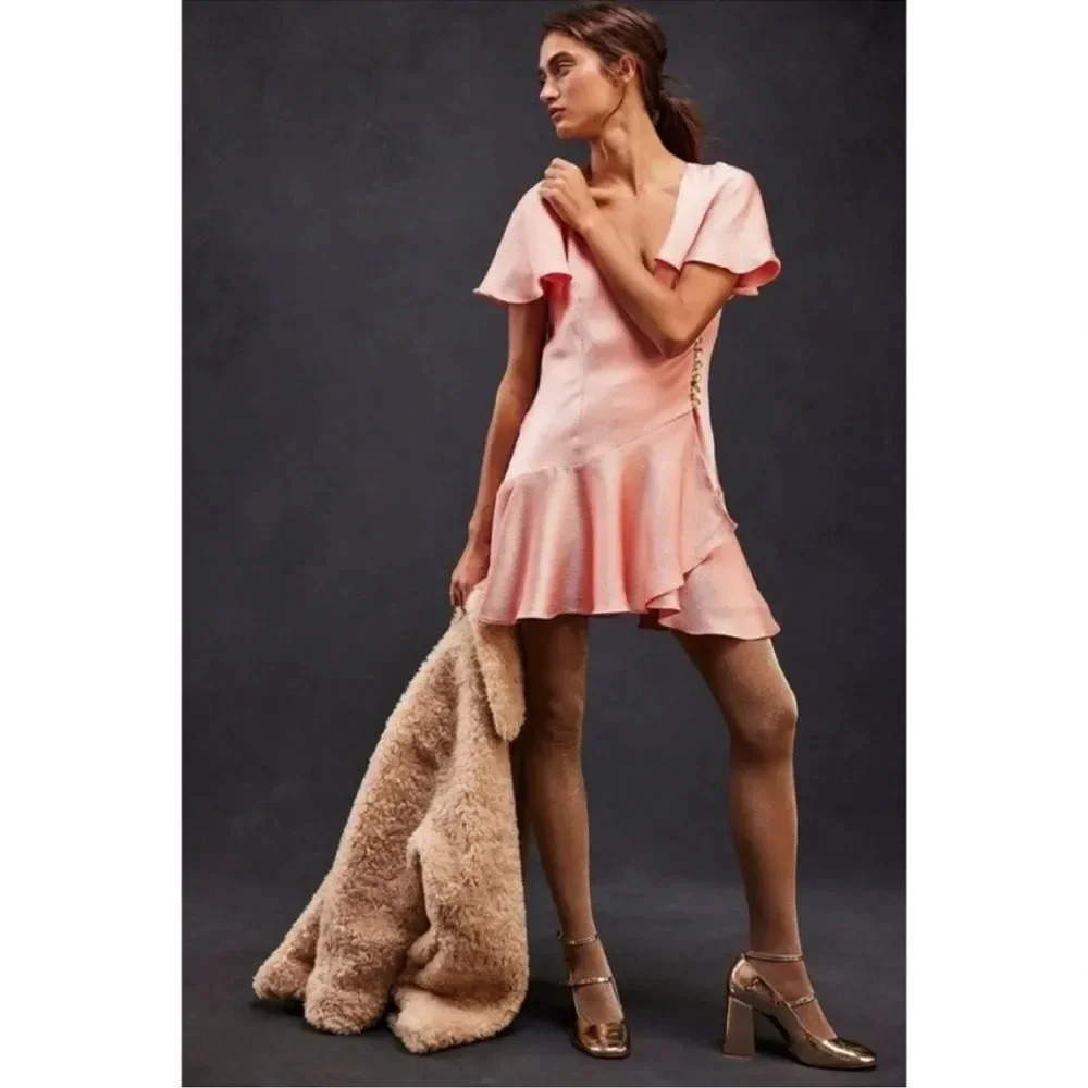 Free People Scarlett Satin Ruffle Wrap Mini Dress Peach